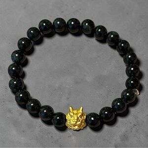 Grade A Black Wuji Jade Beaded Bracelet With Gold Dragon Charm With Certificate